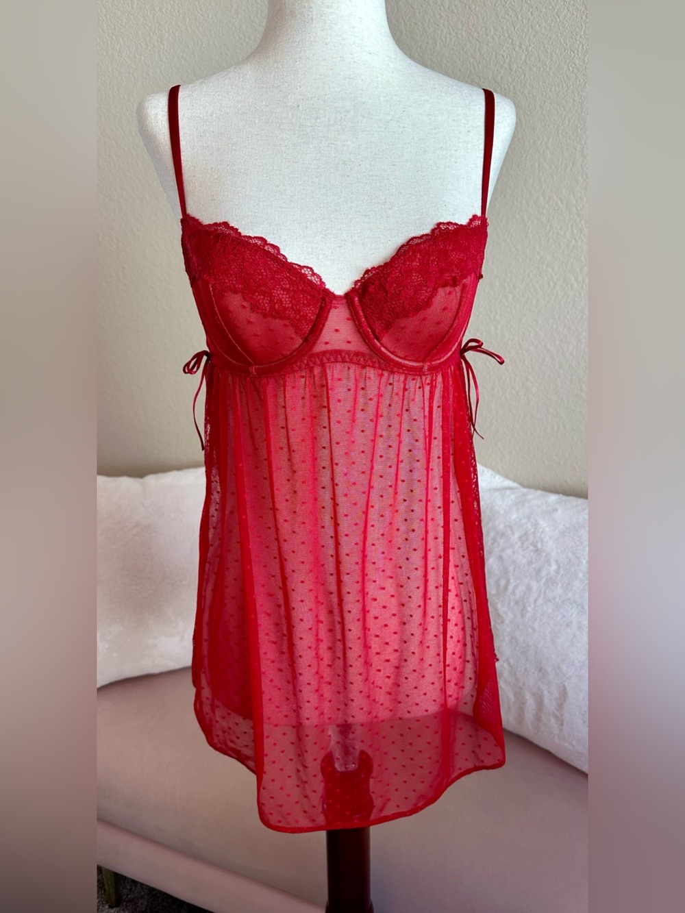 Victoria’s Secret Very Sexy Sheer Red Lace Babydoll 32B Underwire Lt Padding